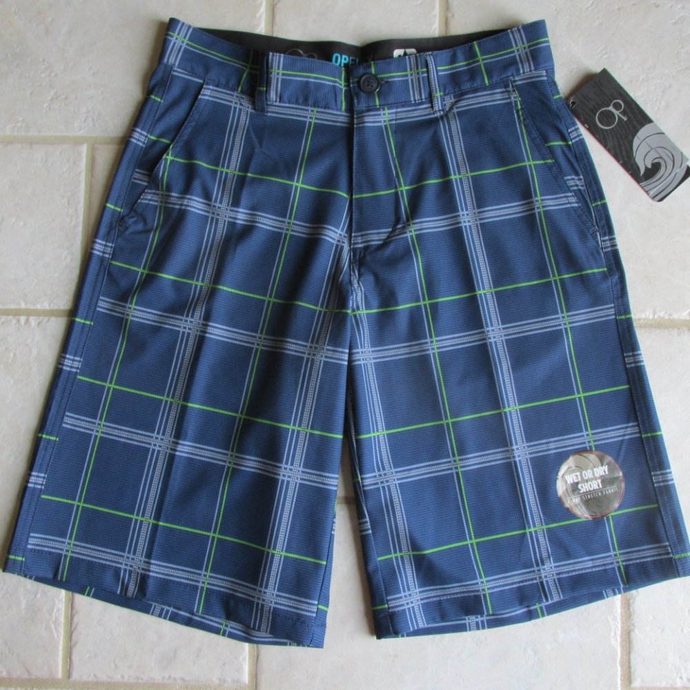 OP OCEAN PACIFIC MENS SIZE 28 - 30 SHORTS NAVY LIME & GRAY PLAID SWIM TRUNKS NWT